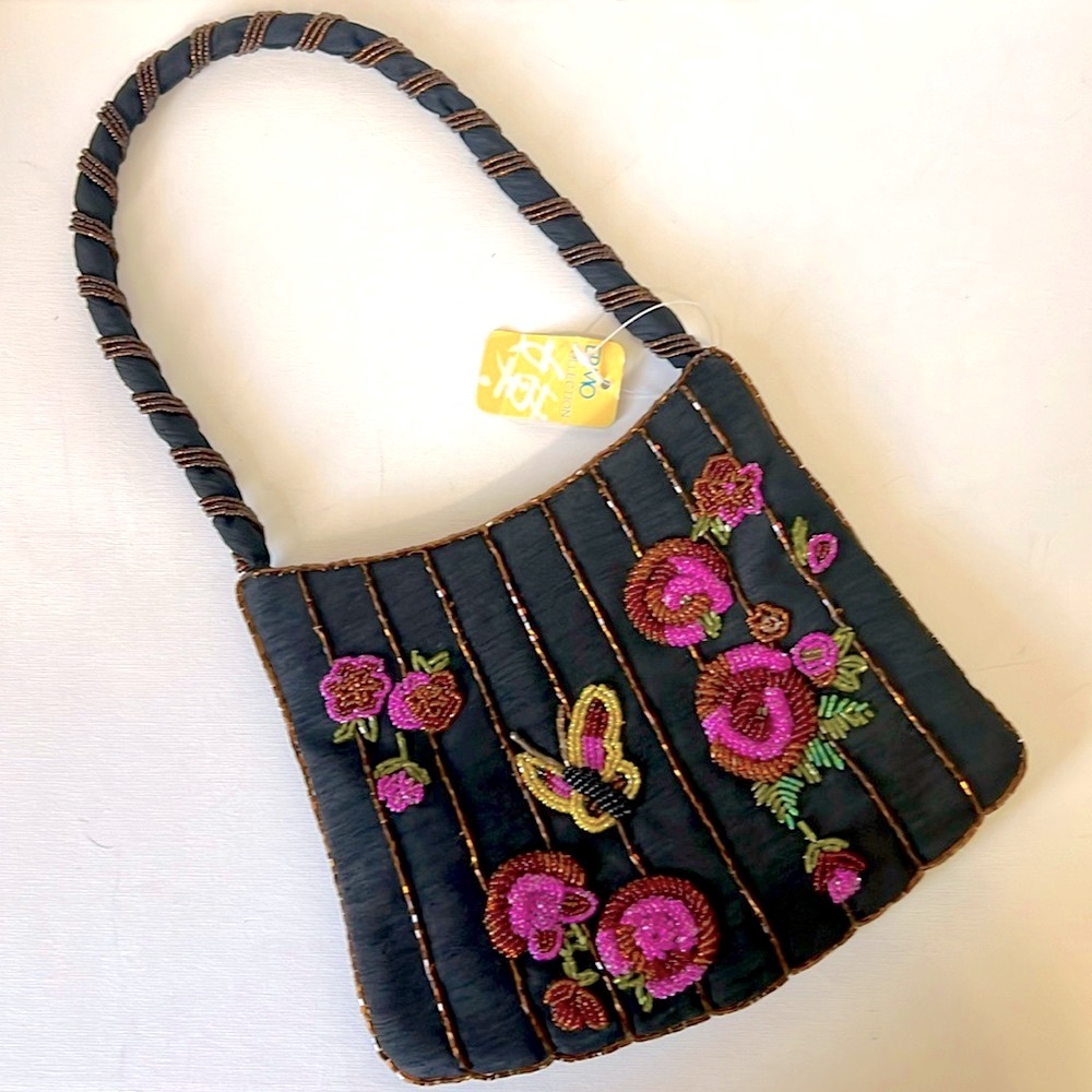 NWT Ermo Butterfly Floral Beaded Handbag